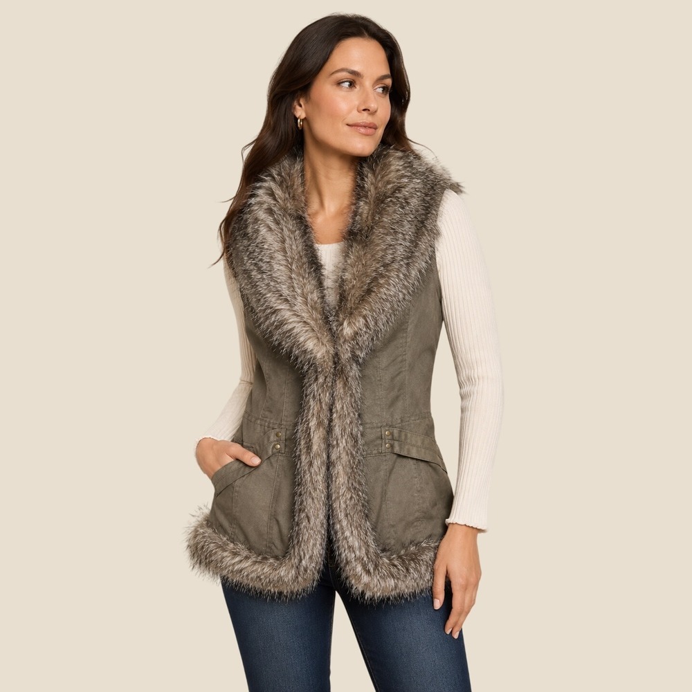 Coffeeshop Faux Suede Fur Trim Vest Size M Olive Green Boho Chic Winter Gorpcore